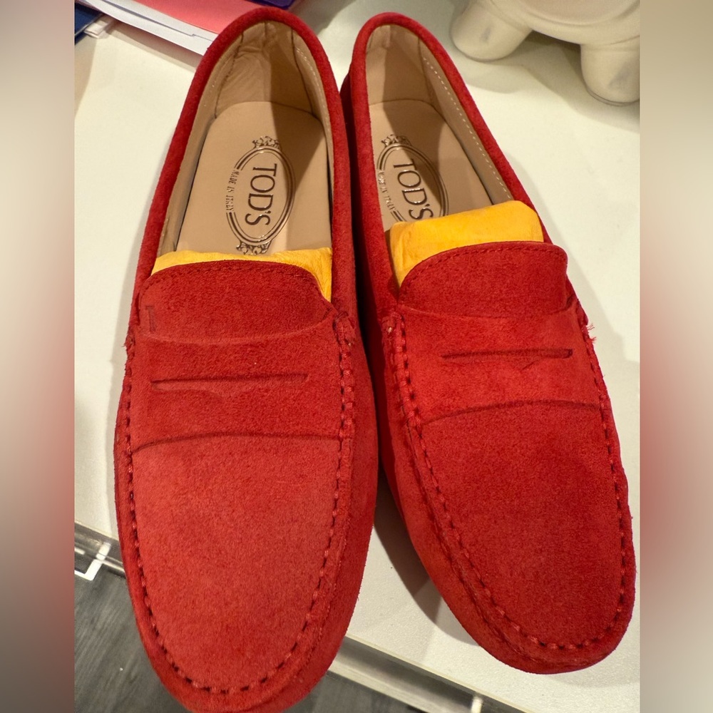 Tod's Red and Yellow Slip-On Loafers Vibrant Suede